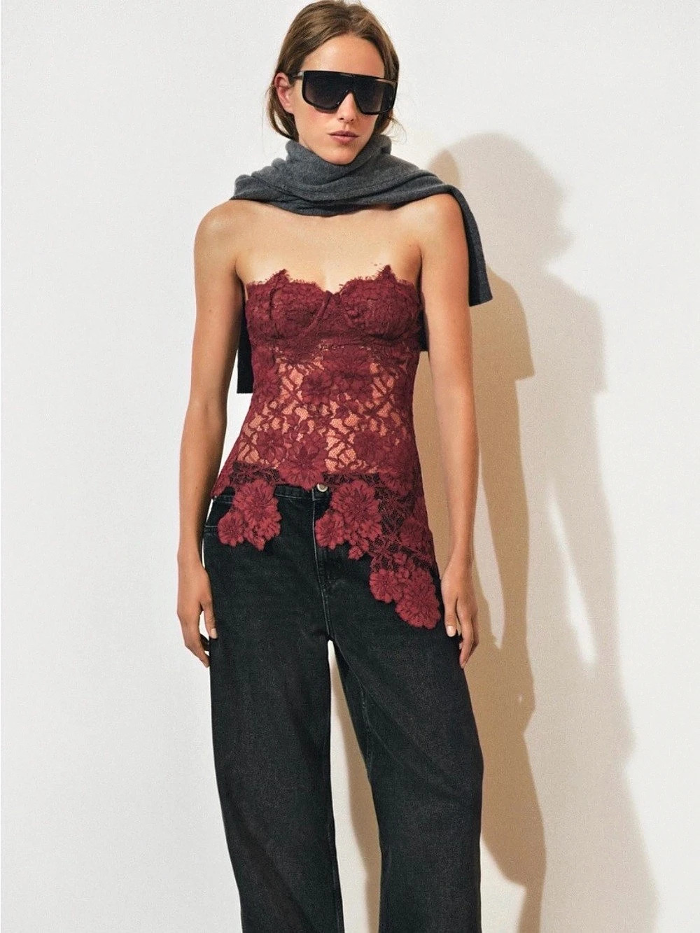 Strapless Lace Top in Burgundy & Black Like New